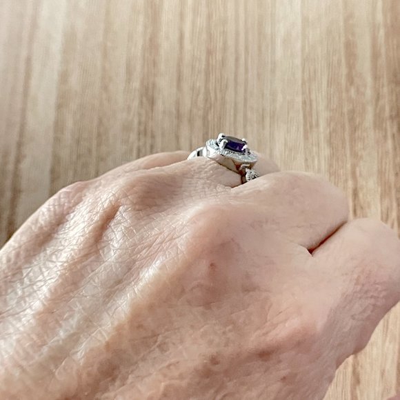 Round Simulated Amethyst Halo Ring w/ Looping Split Shank - 925 Sterling Silver - Picture 5 of 5